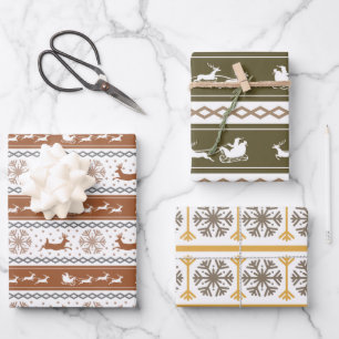 Nordische Grüne, Rote und Graue Schneeflocken und  Geschenkpapier Set