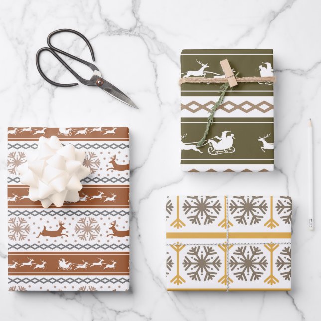 Nordische Grüne, Rote und Graue Schneeflocken und  Geschenkpapier Set (Vorderseite)