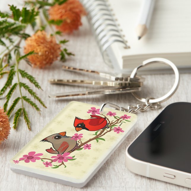 Nordische Kardinäle auf der Zweigstelle Blossom Schlüsselanhänger (Vorderseite rechts)