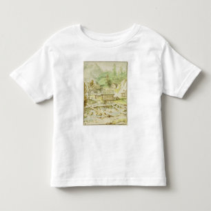Nordische Landschaft mit hölzerner Hütte und Weh Kleinkind T-shirt