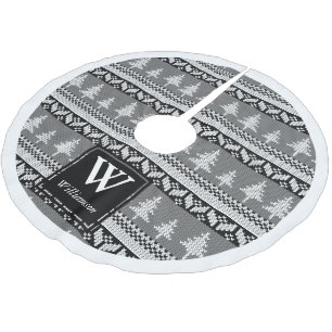 Nordische Schwarz-Weiß-Brandbaume + Familienname Polyester Weihnachtsbaumdecke