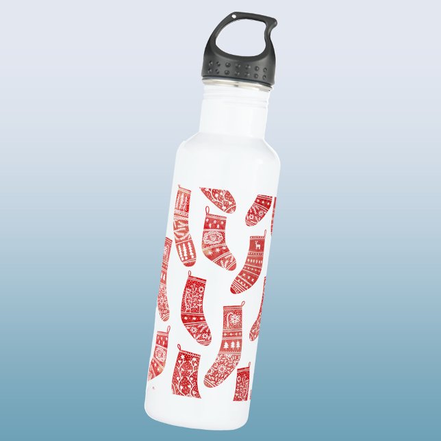 Nordische Strumpf Red White Edelstahlflasche (Nordic Stockings red and white Scandinavian festive Christmas pattern water bottle)