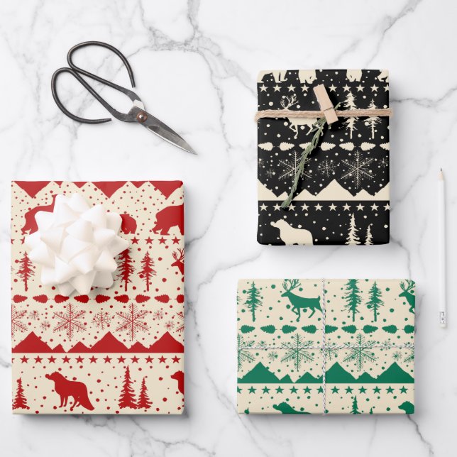 Nordische Sweater Beige Grüne Rote Wintertiere Geschenkpapier Set (Vorderseite)