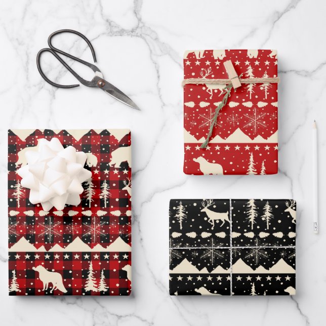 Nordische Sweater Beige Karierte Wintertiere Geschenkpapier Set (Vorderseite)