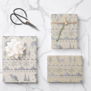 Nordische Sweater Neutral Beige Silber Wintertiere Geschenkpapier Set