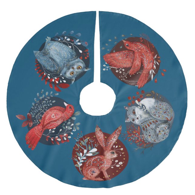 Nordische Volkskunst, Waldtiere, Polyester Weihnachtsbaumdecke (Vorderseite)