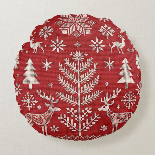 Nordische Weihnachtsbestickte Kissendecke Rundes Kissen (Vorderseite)