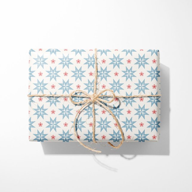 Nordische Weihnachtsblauer Stars und Rote Schneefl Geschenkpapier (Von Creator hochgeladen)