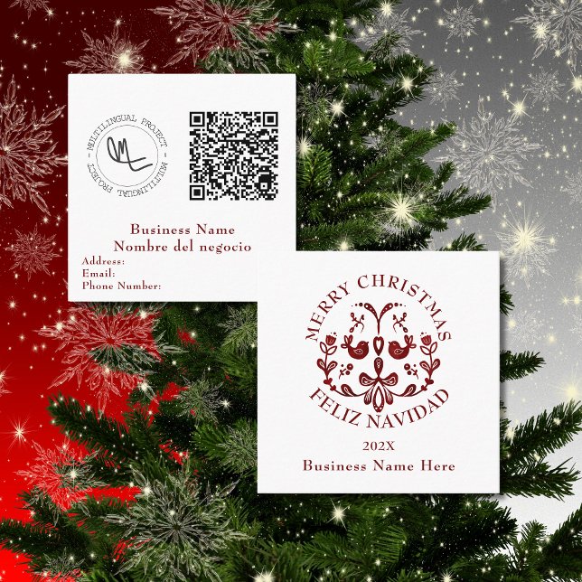 Nordische Weihnachtszeit Zweisprachiges Spanisches Quadratische Visitenkarte (Business Christmas cards Bilingual, Spanish custom text & details, QR code. Multilingual Project)