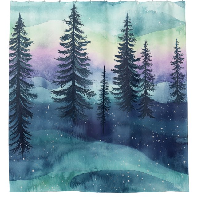 Nordischer Aurora-Wald-Muster Duschvorhang (Vorderseite)