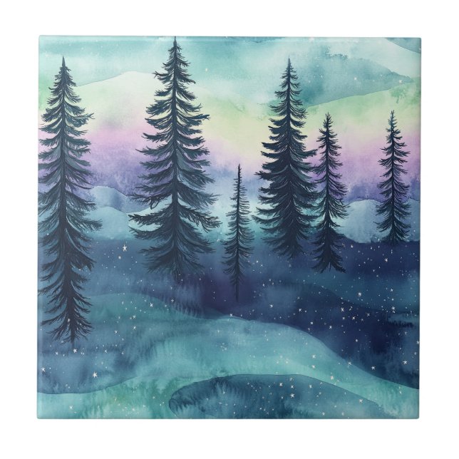 Nordischer Aurora-Wald-Muster Fliese (Vorderseite)