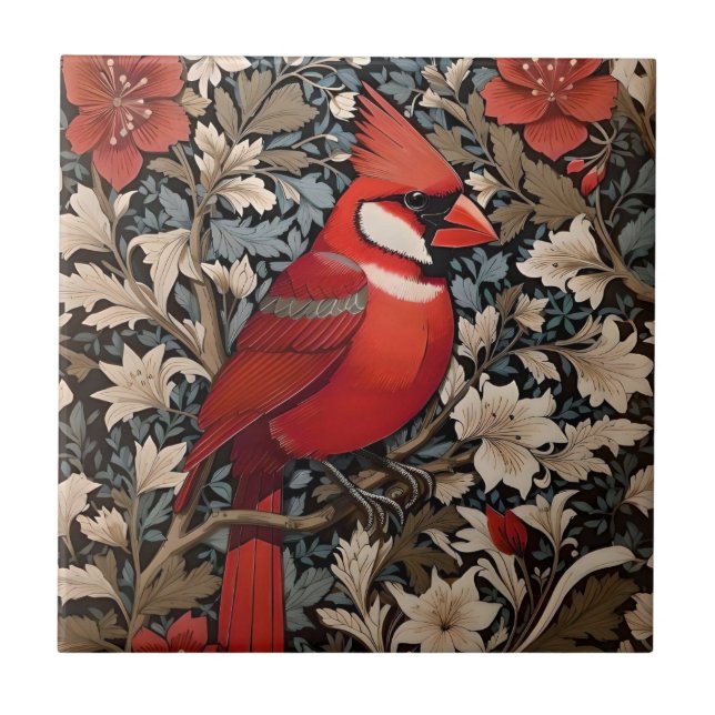 Nordischer Kardinal Bird William Morris Inspiriert Fliese (Vorderseite)