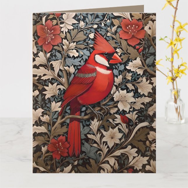 Nordischer Kardinal Bird William Morris Inspiriert Karte (Gelbe Blume)