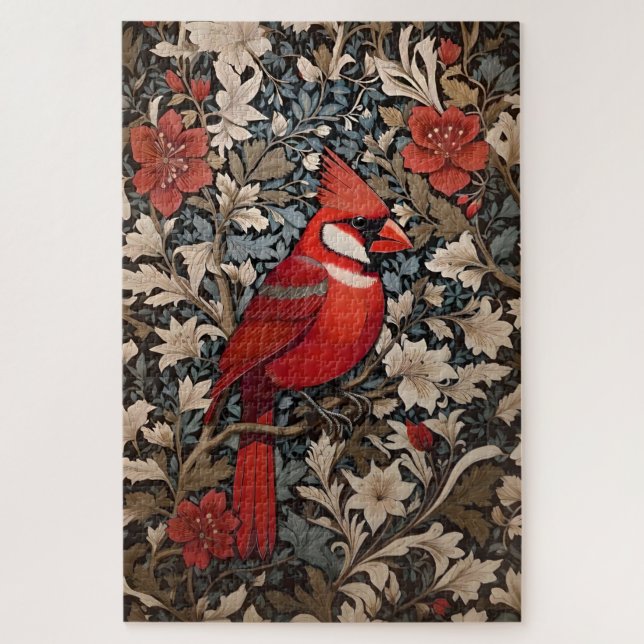 Nordischer Kardinal Bird William Morris Inspiriert Puzzle (Vertikal)