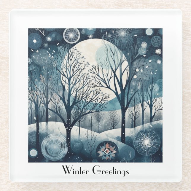 Nordischer Moonlit-Wald, kundenspezifisch Glasuntersetzer (Vorderseite)