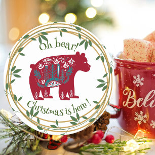 Nordischer roter Bär grüner Kranz Weihnachten Zita Runder Aufkleber