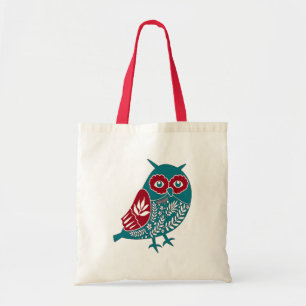Nordischer roter und blauer Vintage-Blumen-Owl Tragetasche