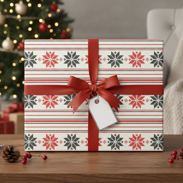 Nordischer Schneeflockenstreifen Geschenkpapier (Nordic Snowflake Stripe Wrapping Paper)
