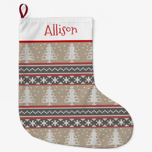 Nordischer Strick Weihnachtsmuster Tan und Red L Großer Weihnachtsstrumpf