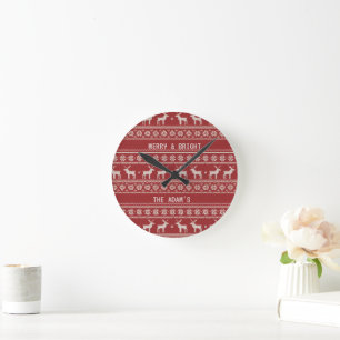 Nordischer Weihnachtsrentier-Strickmuster personal Runde Wanduhr