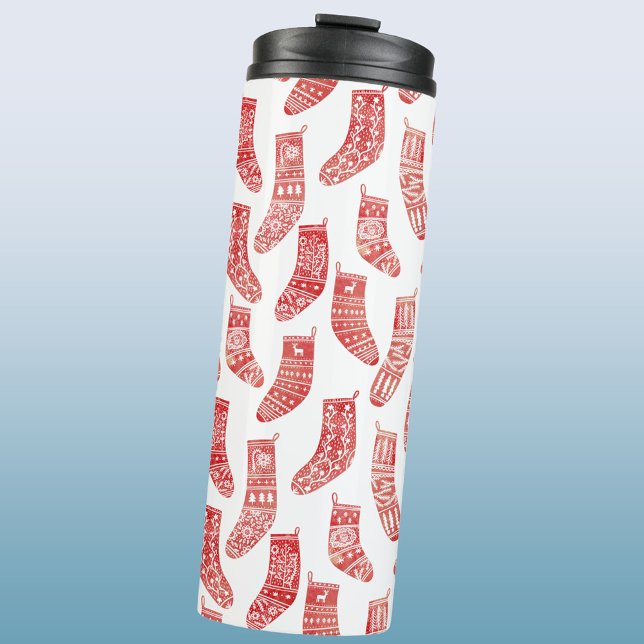 Nordischer WeihnachtsStrumpf Thermosbecher (Nordic Stockings red and white Scandinavian festive Christmas pattern water bottle)