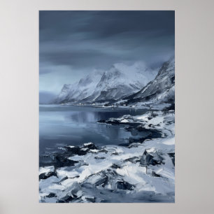 Nordischer Winter Fjord Schneeberge Eisige Wasserl Poster