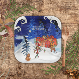 Nordisches Dorf & Winterfee Quadratische Papierpla Pappteller