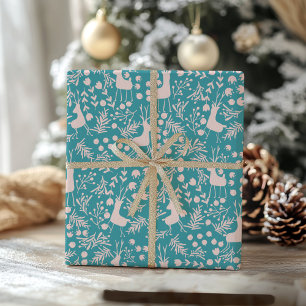 Nordisches Rentier-Blumenmuster Rosafarben auf T Geschenkpapier