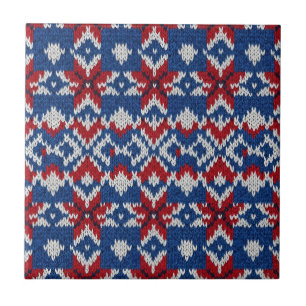 Nordisches Schneeflocken-Strickmuster - Navy, Rot, Fliese