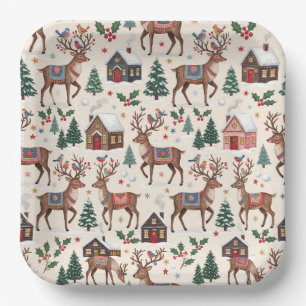 Nordisches Weihnachtsrentier & Schneehütte-Fest Pappteller