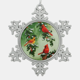Nördliche Rotkardinäle und Stechpalme Schneeflocken Zinn-Ornament