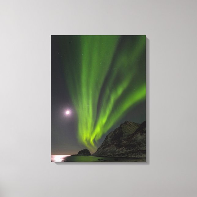 Nordlicht | Haukland Beach Island Norwegen Leinwanddruck (Vorderseite)