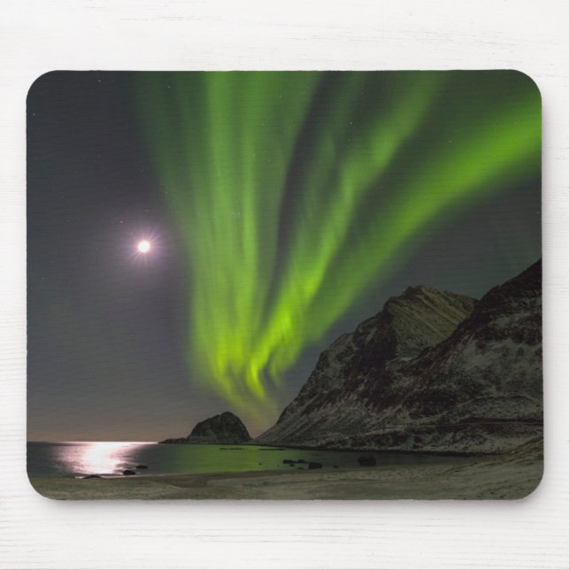 Nordlicht | Haukland Beach Island Norwegen Mousepad (Vorne)