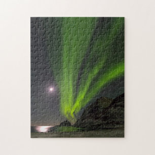 Nordlicht   Haukland Strand Insel Norwegen Puzzle