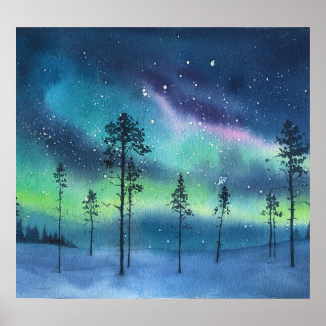 Nordlichter, Aquarelllandschaft Poster (Vorne)
