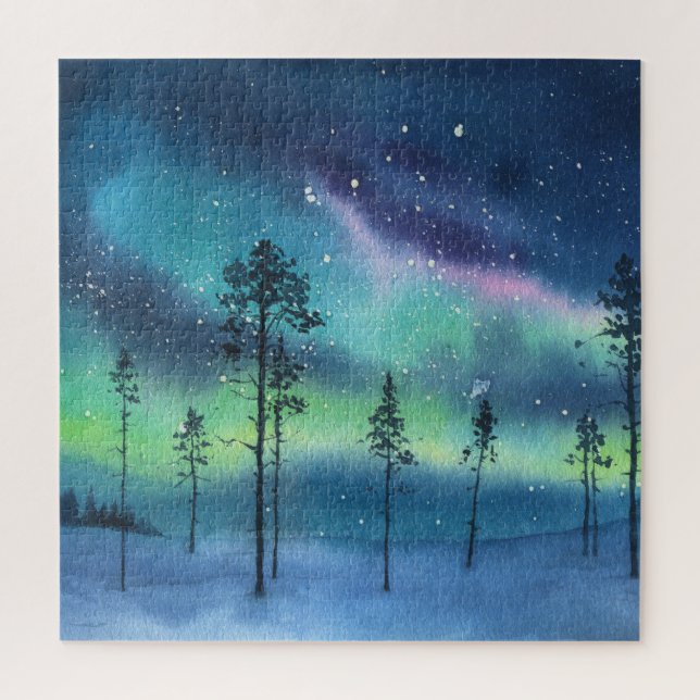 Nordlichter, Aquarelllandschaft Puzzle (Vertikal)
