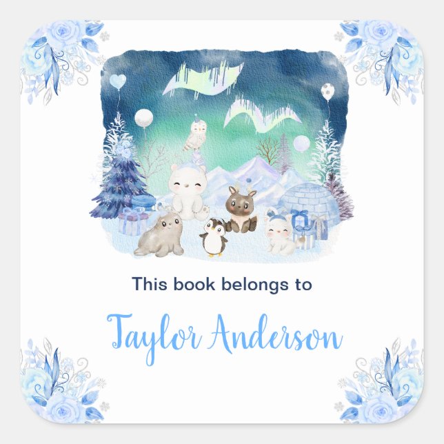 Nordlichter Arktische Tiere Kinder Buchzeichen Quadratischer Aufkleber (Vorderseite)