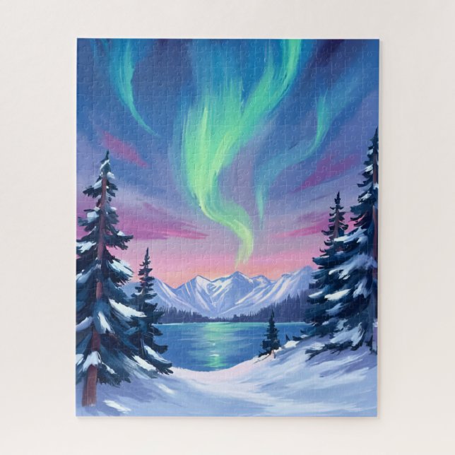 Nordlichter | Berge Winter Aquarell Puzzle (Vertikal)