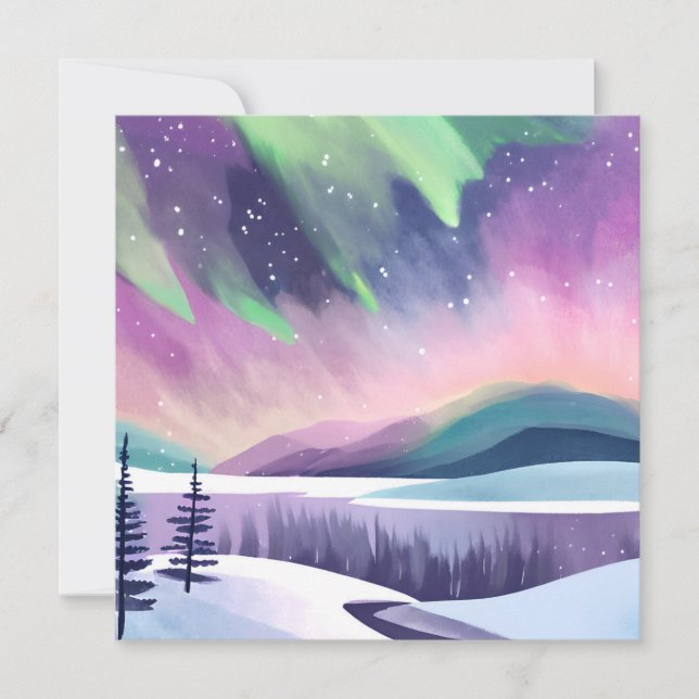 Nordlichter - farbenfrohe Winternacht | Aquarell Karte (Vorderseite)