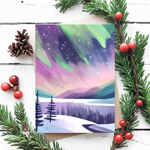 Nordlichter - farbenfrohe Winternacht   Aquarell Postkarte