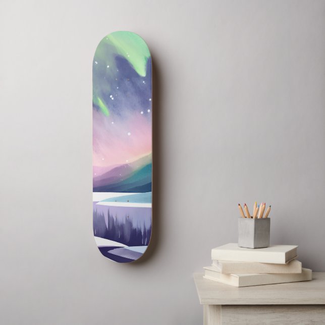 Nordlichter - farbenfrohe Winternacht | Aquarell Skateboard (Wandkunst)