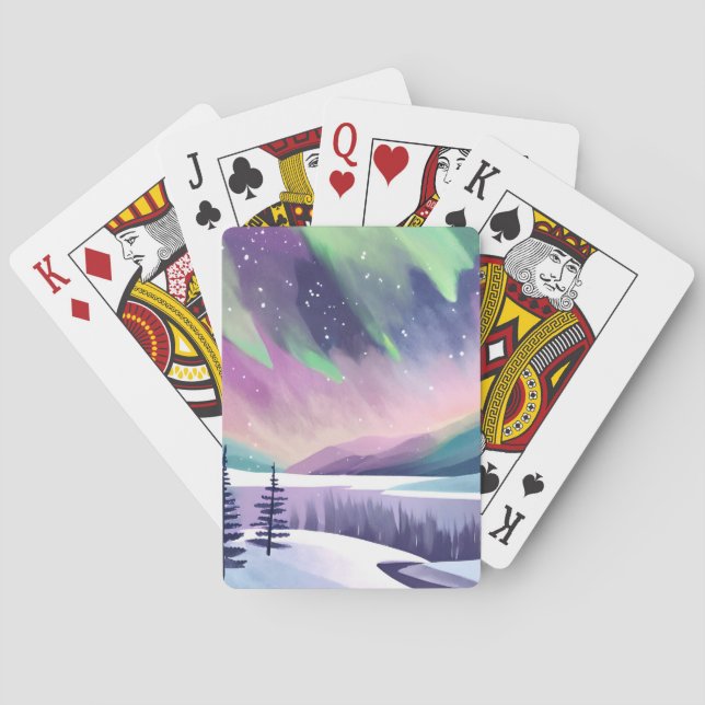 Nordlichter - farbenfrohe Winternacht | Aquarell Spielkarten (Rückseite)
