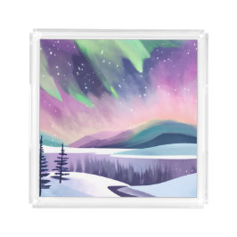 Nordlichter Farbige Winternacht Aquarell Acryl Tablett