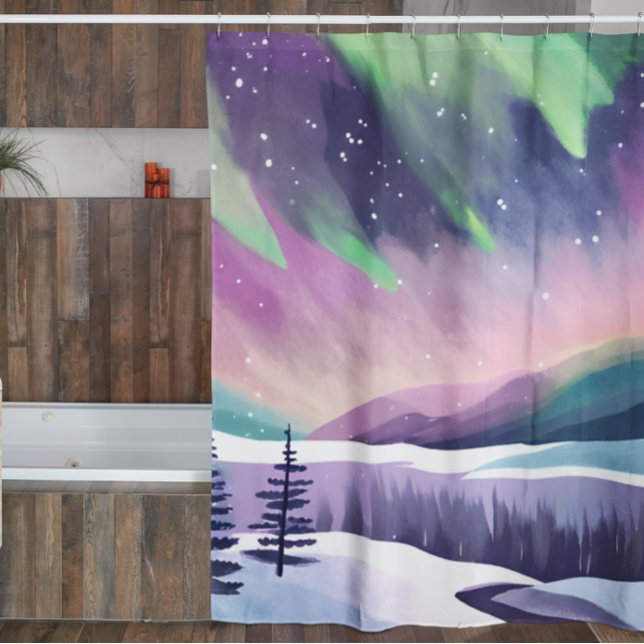 Nordlichter Farbige Winternacht Aquarell Duschvorhang (Von Creator hochgeladen)