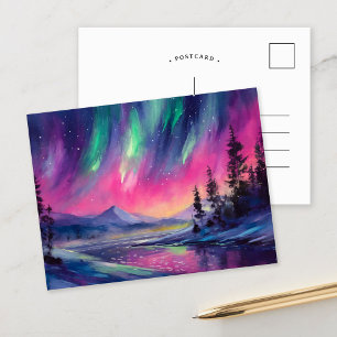 Nordlichter Lebhafte Abstrakte Nachtlandschaft Postkarte