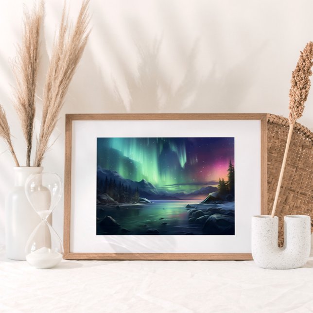 Nordlichter Seascape Mountains Wasserfarbe Poster (An evening seascape and the celestial dance of the Northern Lights over majestic mountains.)