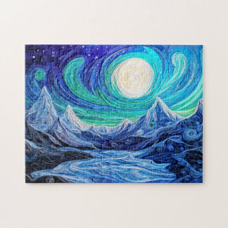 Nordlichter über norwegischem Fjord Quilling Puzzle
