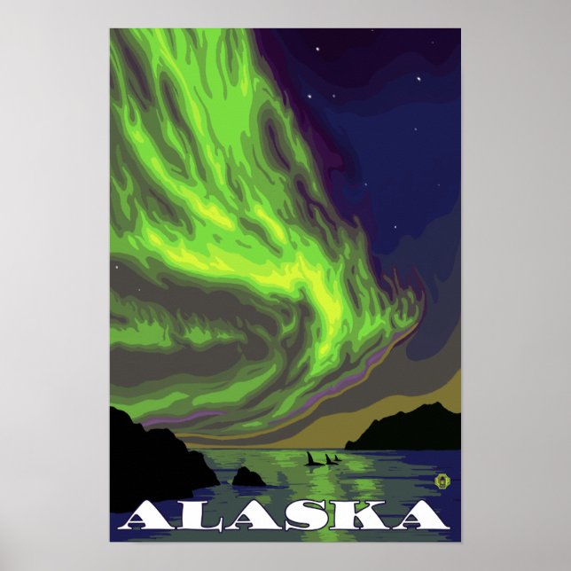 Nordlichter und Orcas Vintage Reise Poster (Vorne)