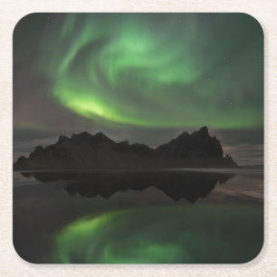 Nordlichter   Vestrahorn Beach Hofn, Island Rechteckiger Pappuntersetzer