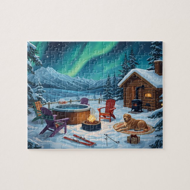 Nordlichter Whirlpool-Hütte Hund Puzzle (Horizontal)